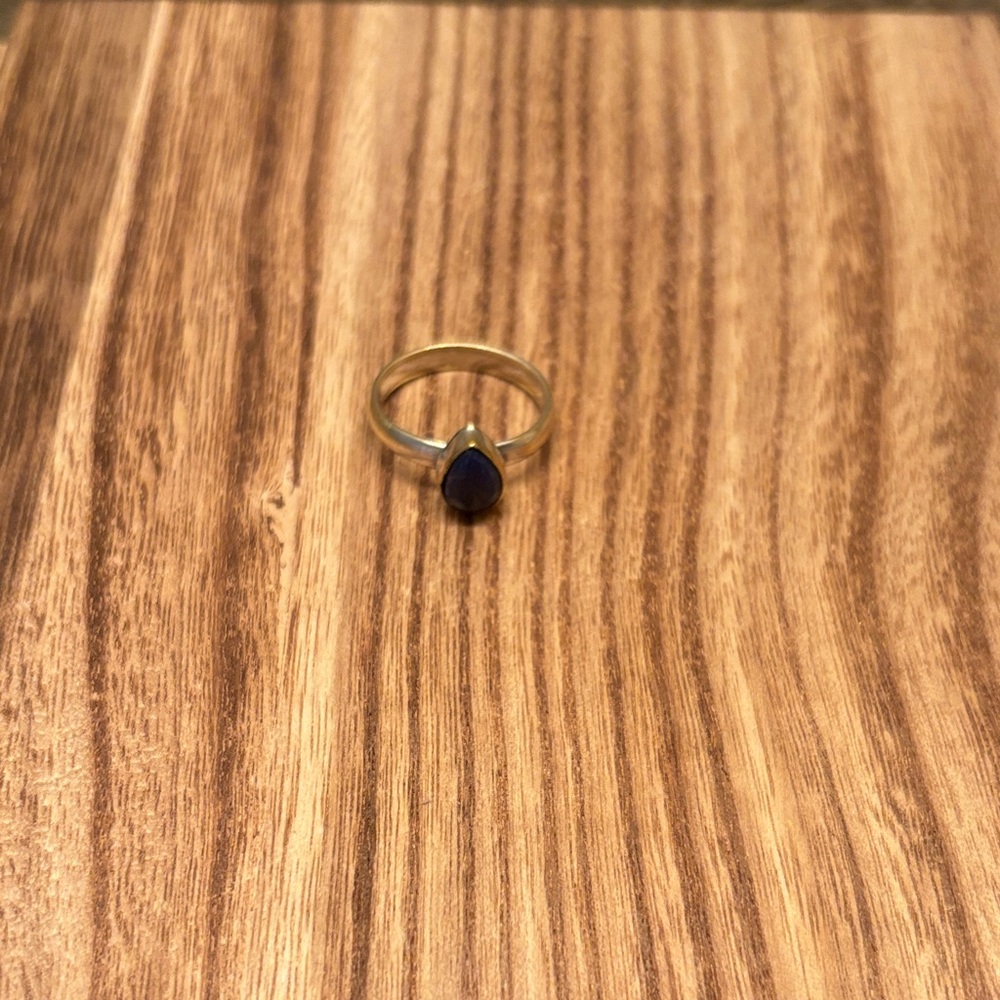 Gold Silver Teardrop Lapis Stone Ring - Size 7 Sterling Silver Jewelry